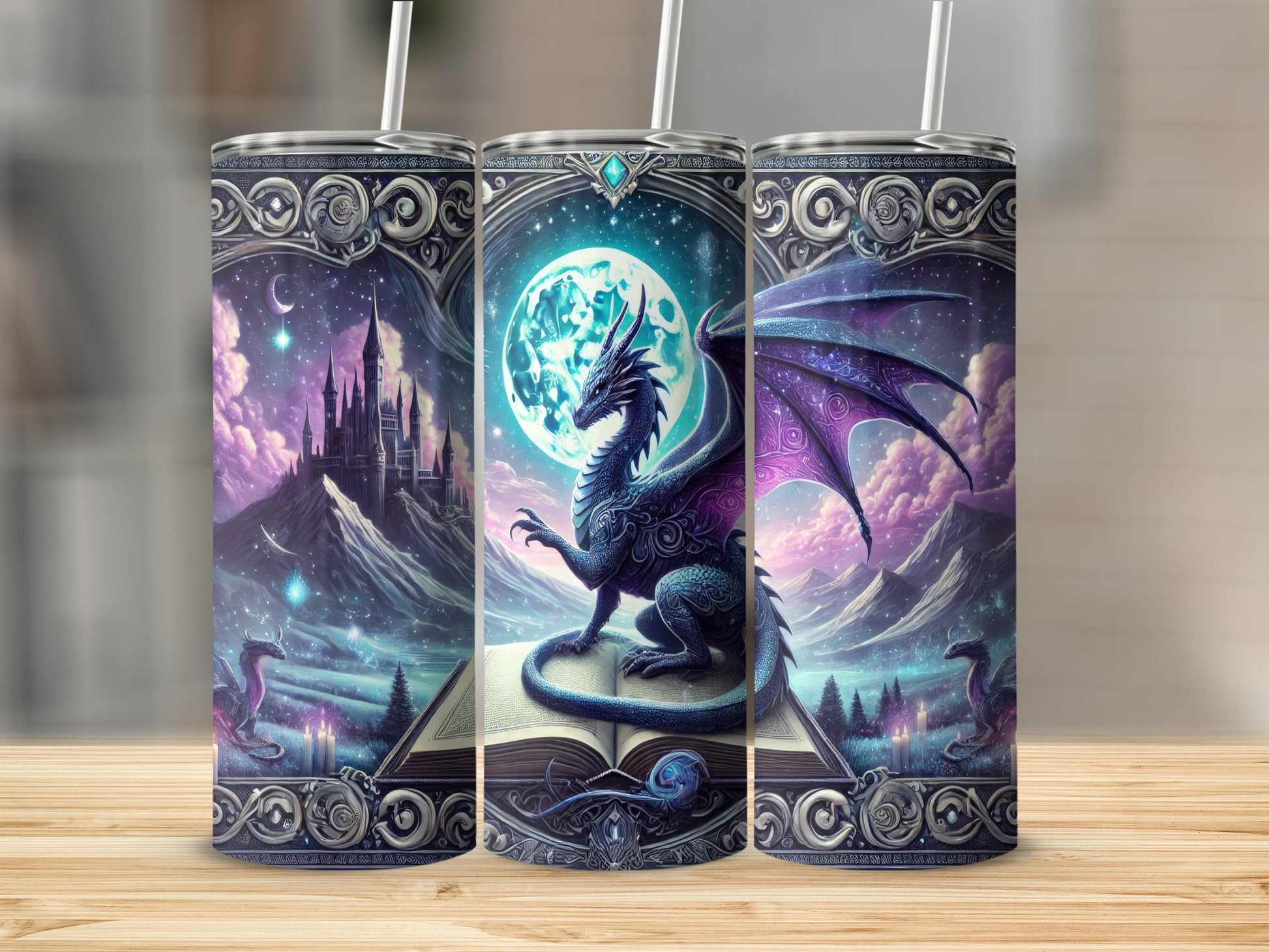 Fantasy Dragon and Moon Castle Design Tumbler product