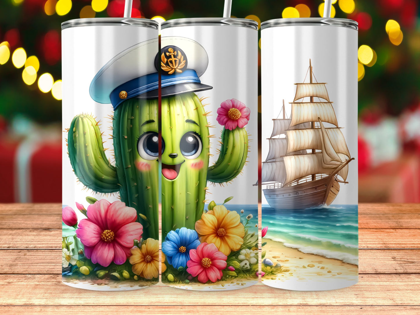 Cute Captain Cactus and Sailing Ship Tumbler product