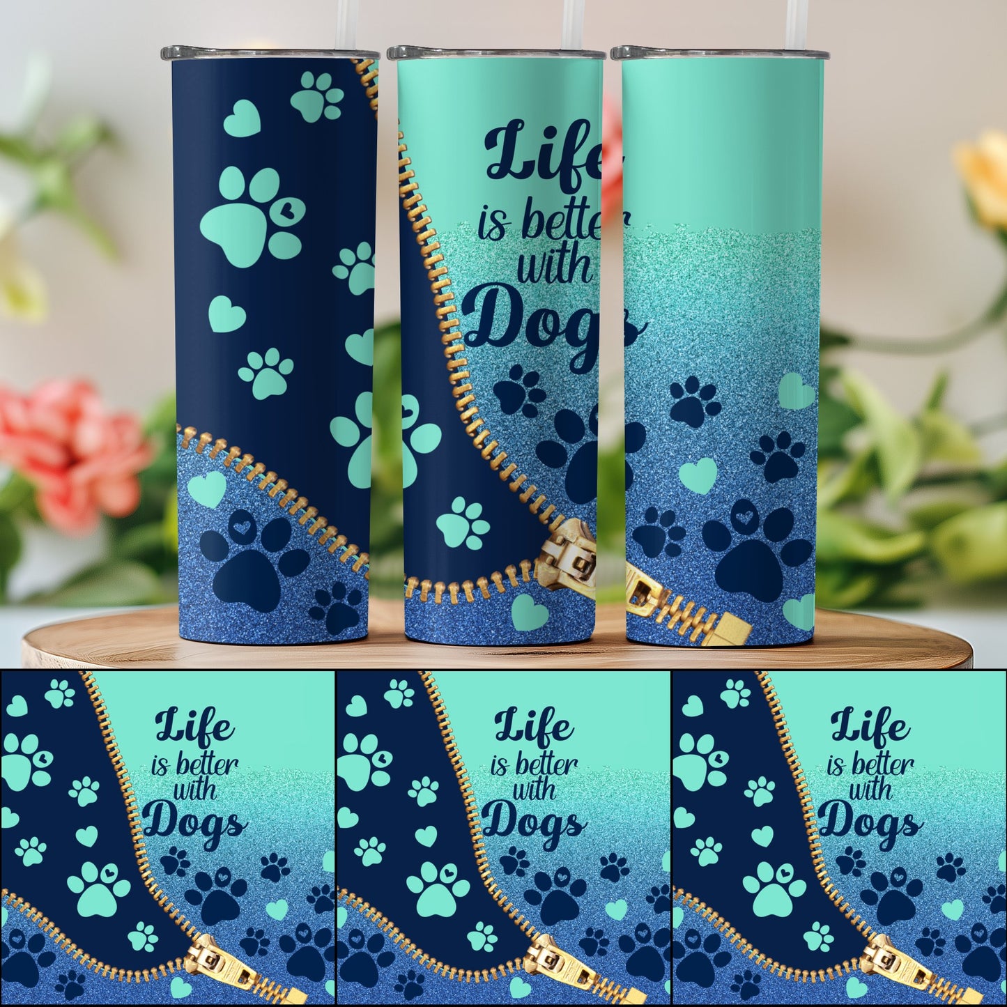 Life is better with Dogs blue paw print tumbler product