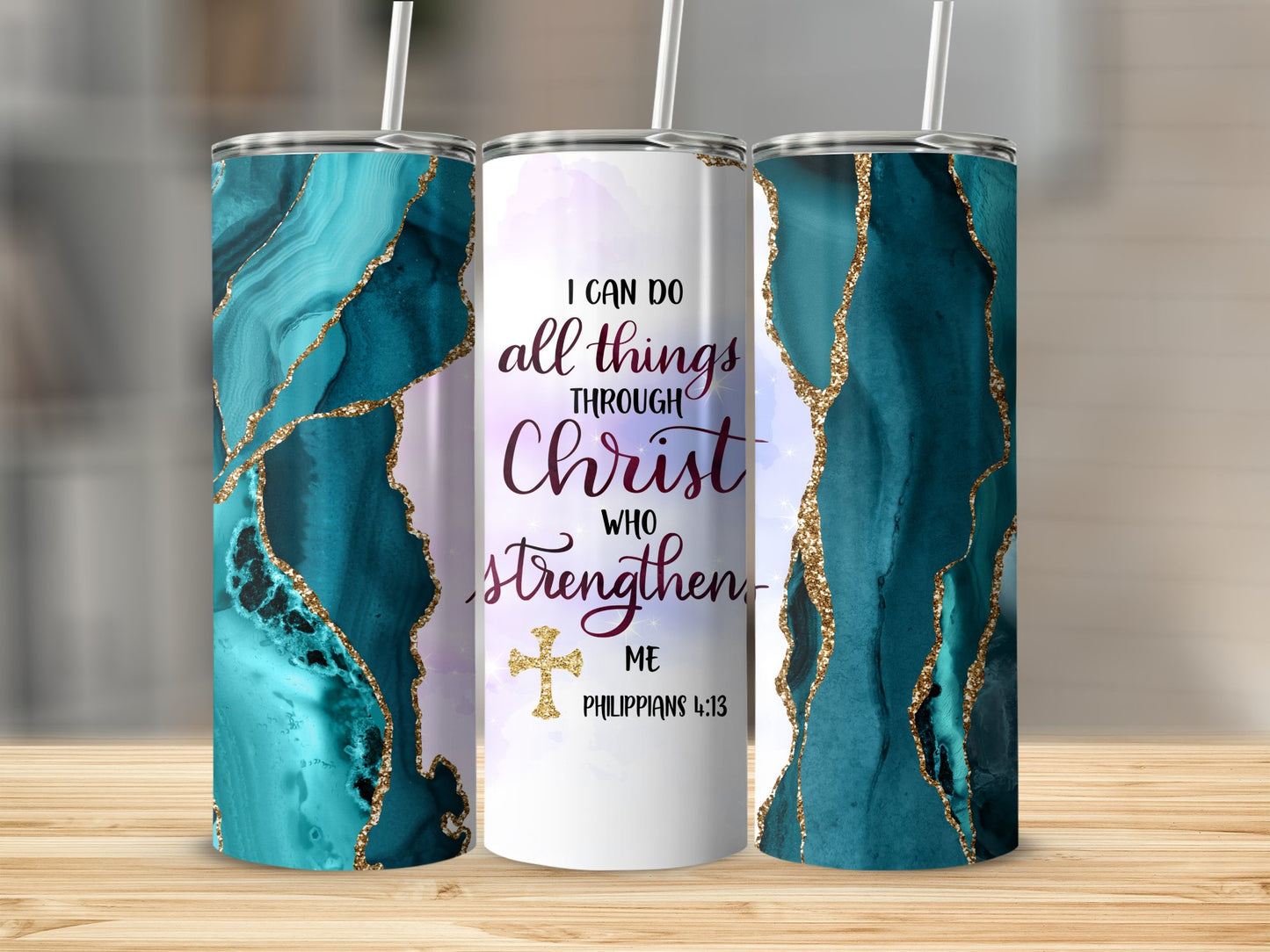 Inspirational Christian Quote Teal and Gold Tumbler product type