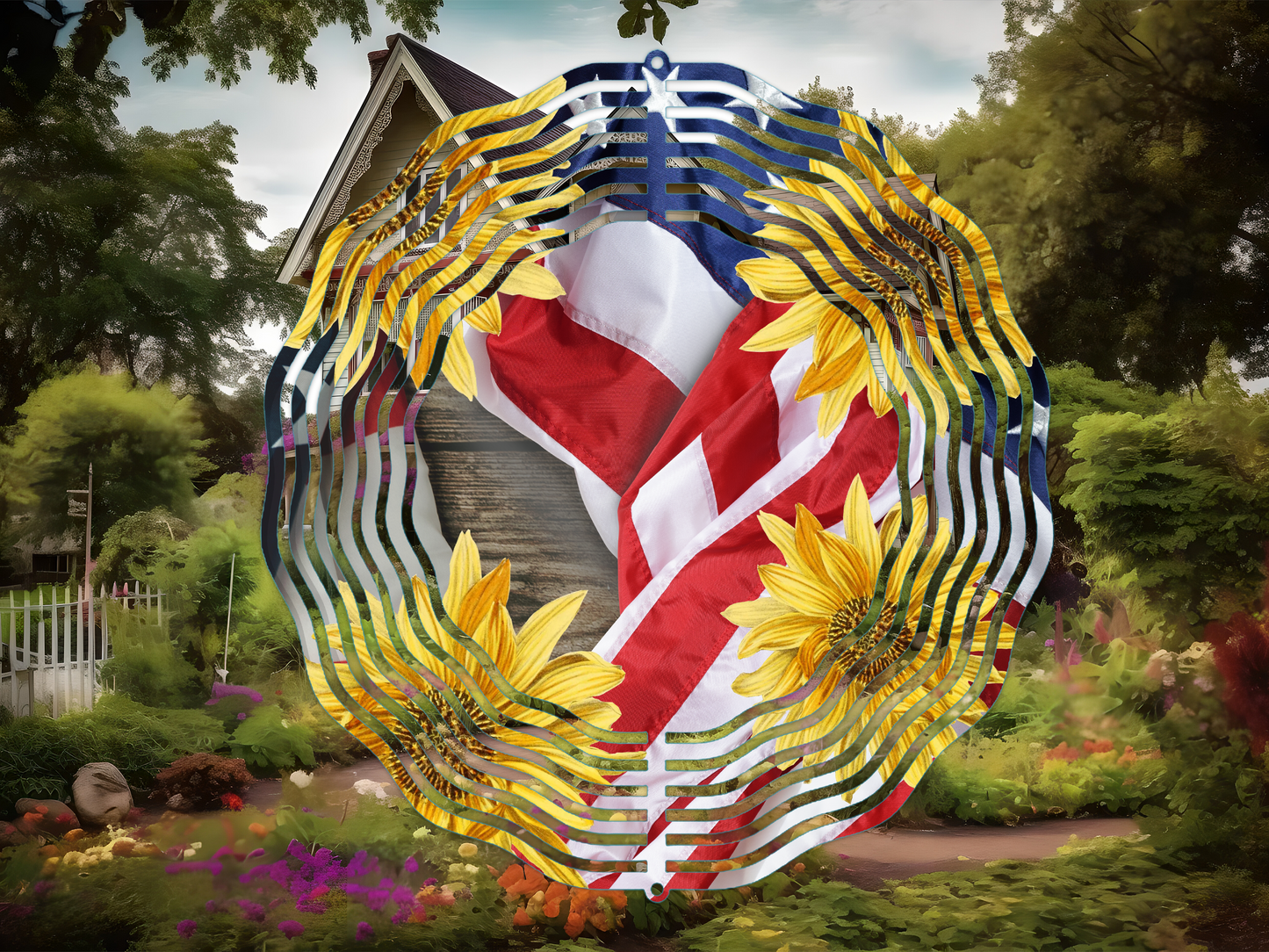 American Flag Sunflower Wind Spinner