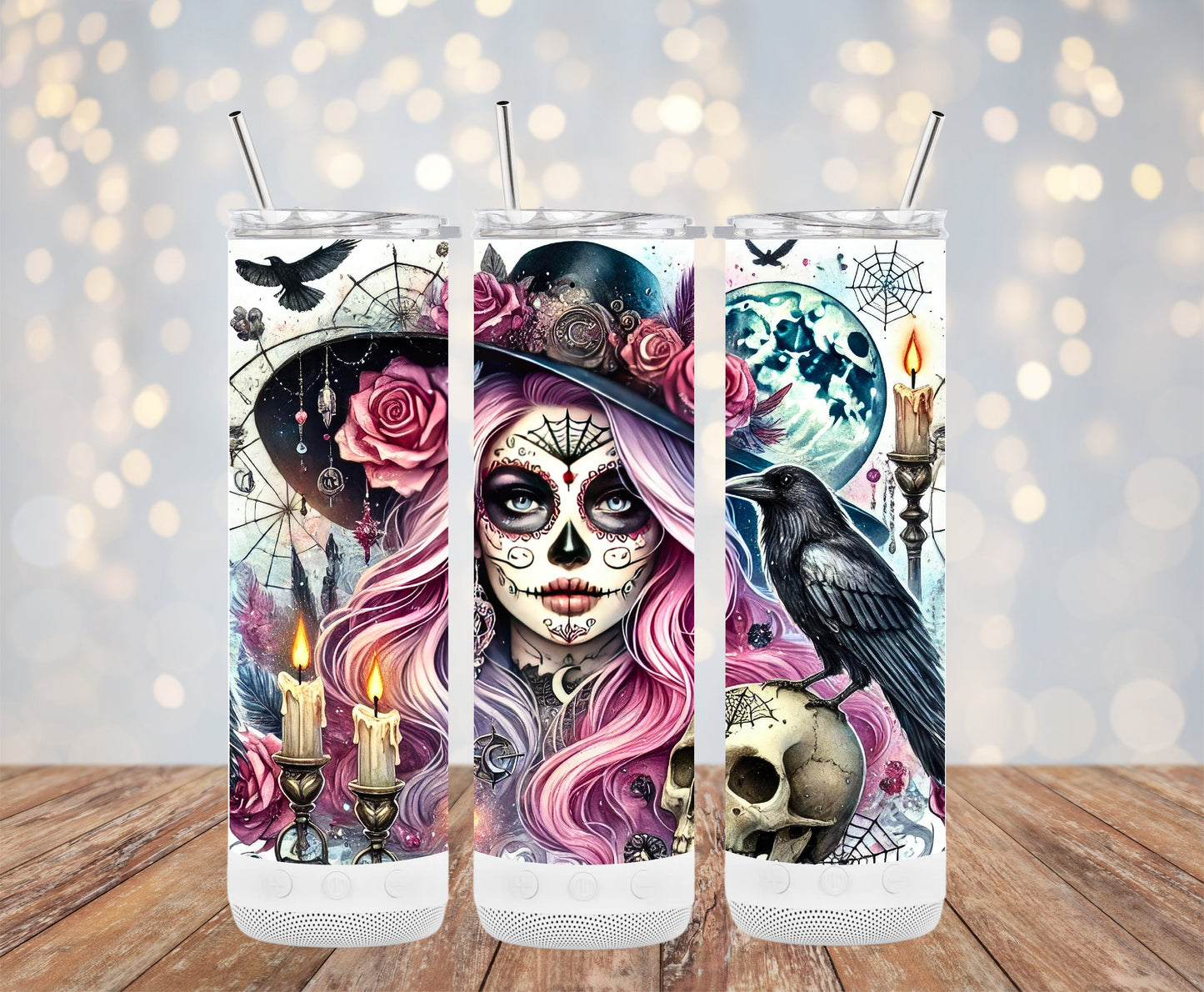 Halloween Skull Candle Art with Witch Hat Tumblers