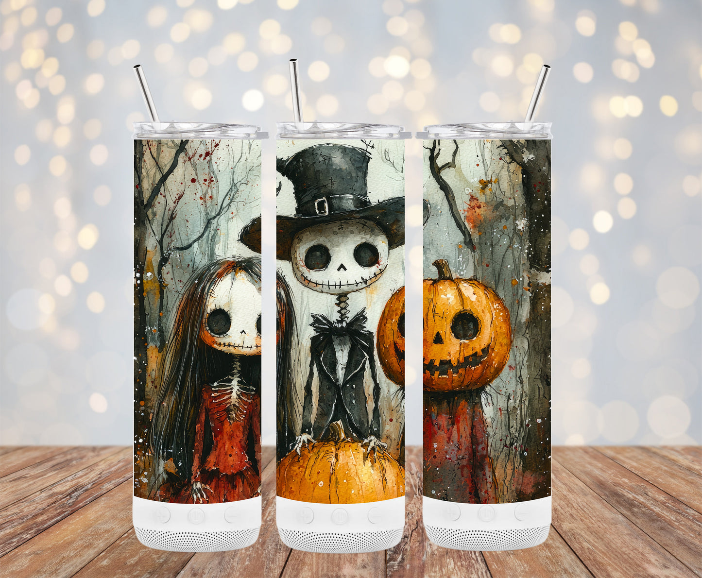 Spooky Skeletons and Pumpkin Halloween Artwork Tumblers
