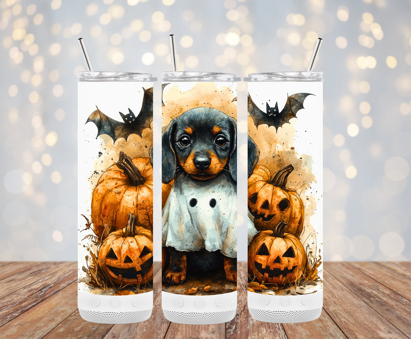 Halloween Pumpkin Bat Ghost Puppy Art Tumblers