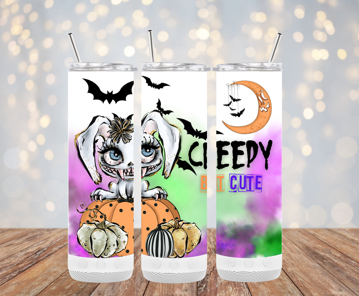Creepy Halloween Bunny with Pumpkins and Bats Tumblers