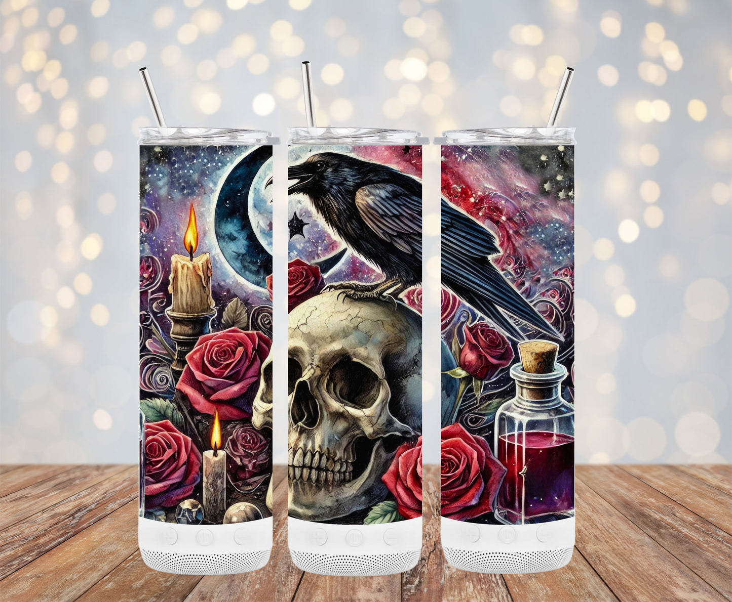 Gothic Raven and Skull with Roses Design Tumblers