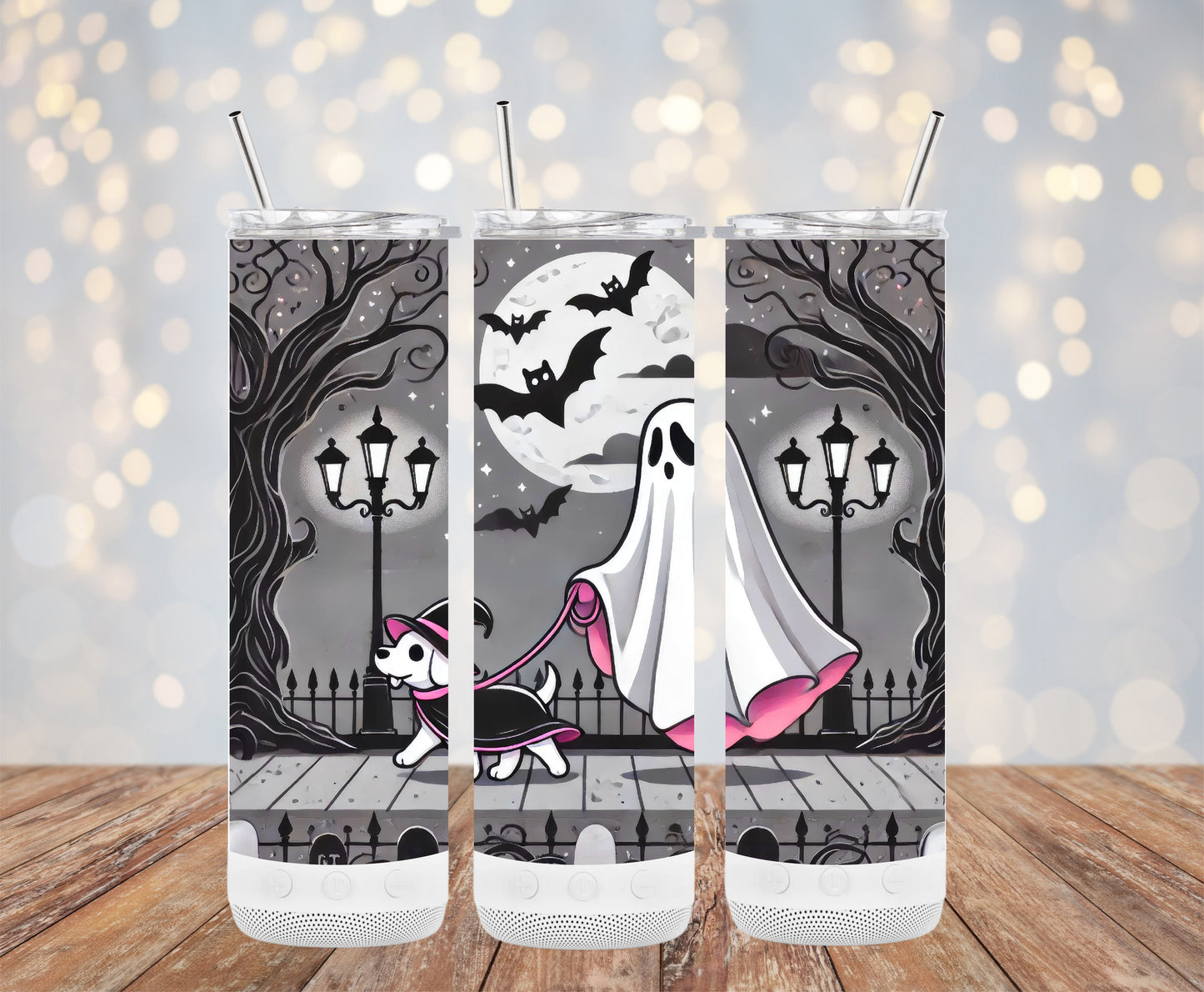 Halloween Ghost and Dog Walking Under Moonlight Tumblers