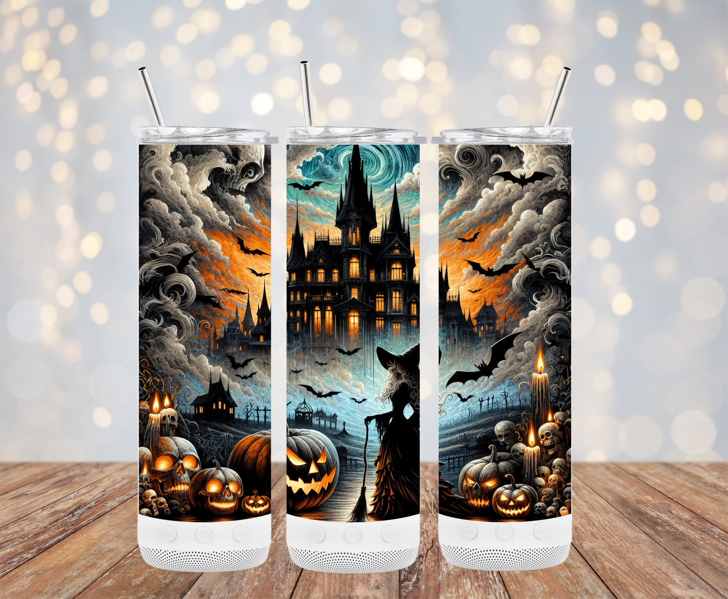 Haunted Halloween Castle with Bats and Pumpkins Tumbler