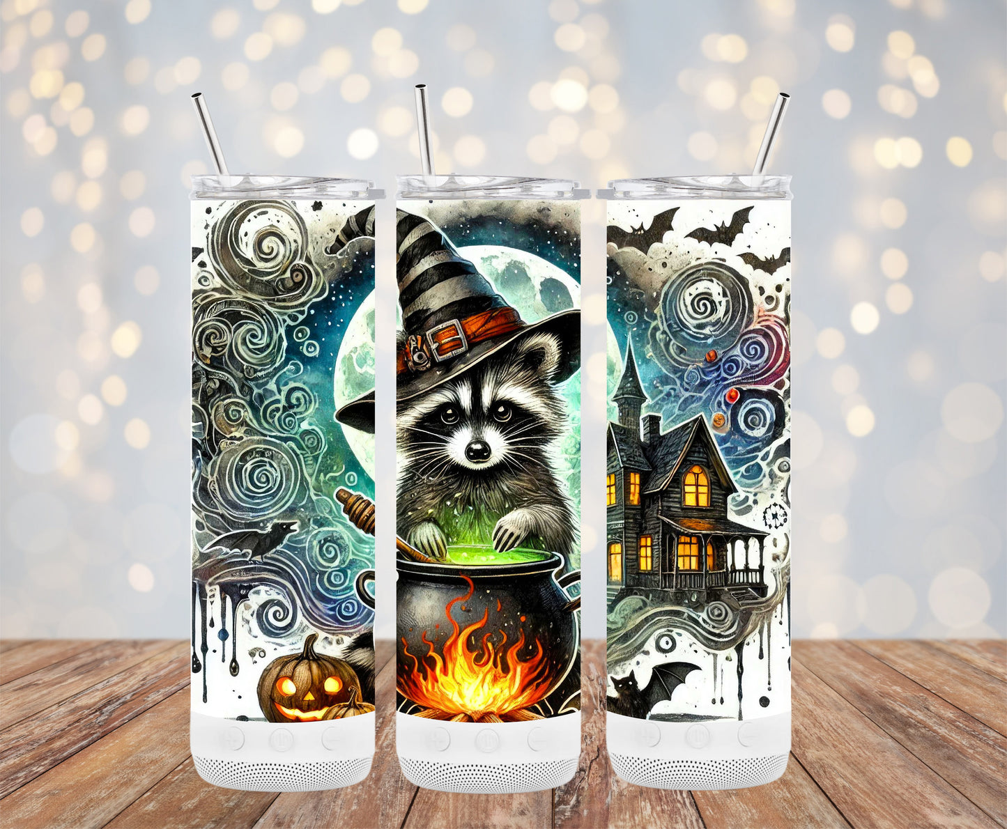 Halloween Raccoon in Witch Hat with Cauldron Tumblers