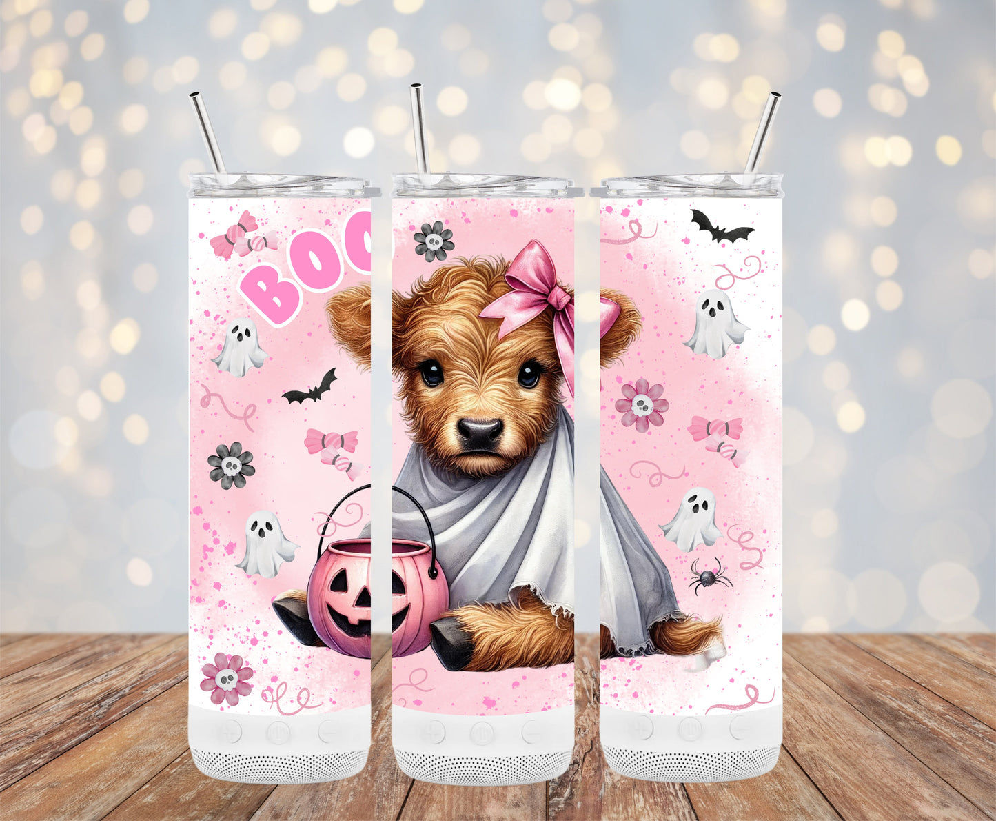 Cute Halloween Cow with Pink Bow Ghost Design Tumblers