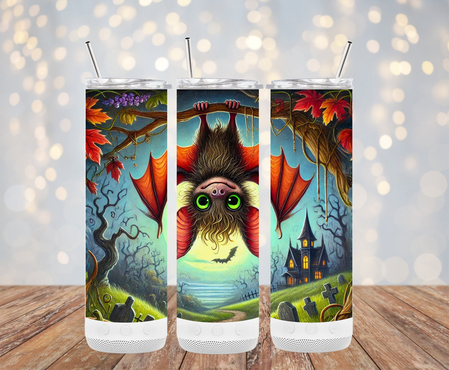 Adorable Halloween Bat with Haunted House Tumblers