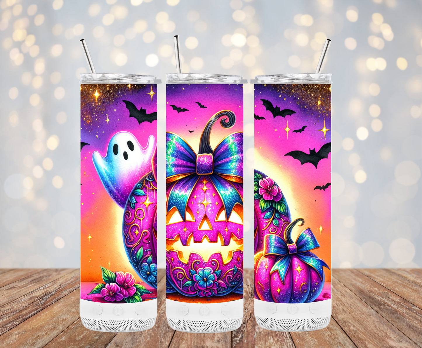 Halloween Pumpkin with Ghost and Bats Design Tumblers