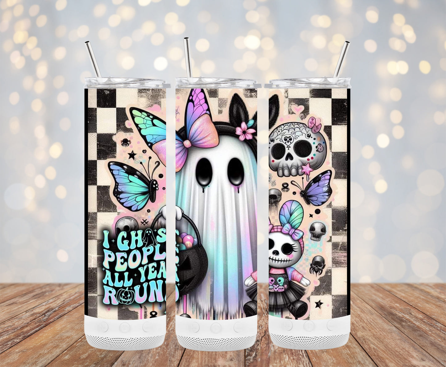 Cute Ghosts Butterflies and Skulls Theme Printed Tumblers