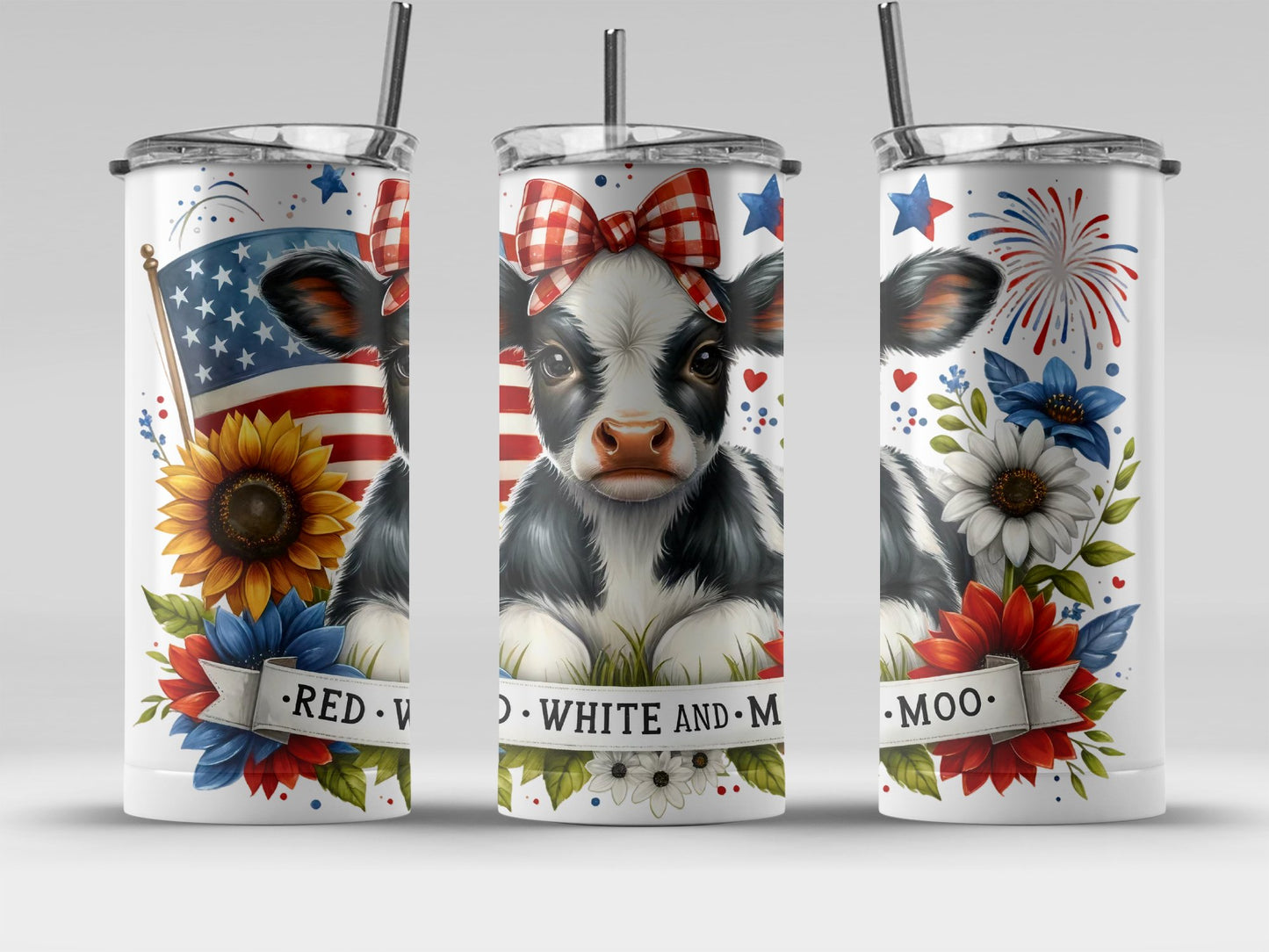 Patriotic Cow with American Flag and Sunflowers (4th July Tumblers) 8371271