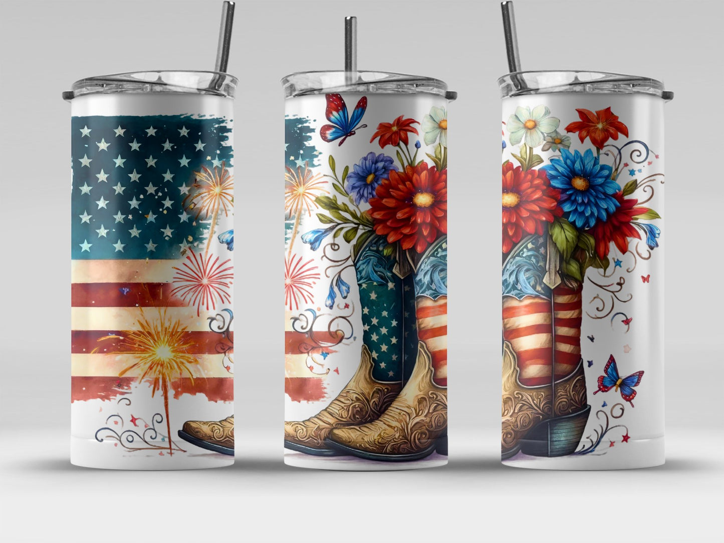 Patriotic Boots with Flowers and Butterflies (4th July Tumblers) 8371285