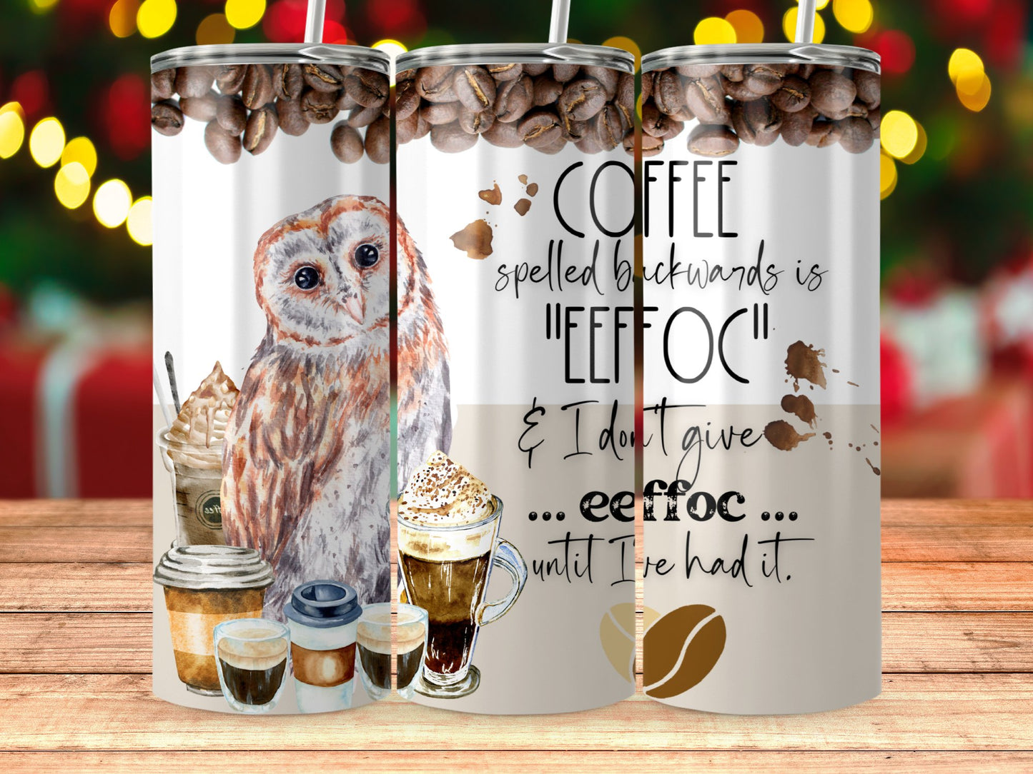 Coffee Spelled Backwards Owl Design Tumbler product type