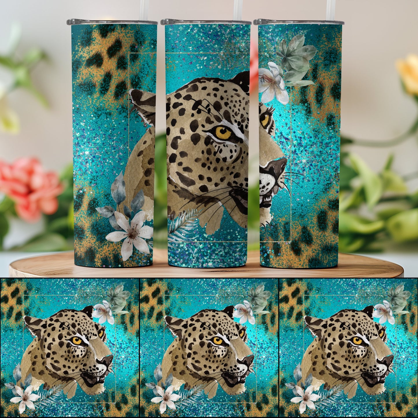 Wild Leopard and Floral Design Tumbler product