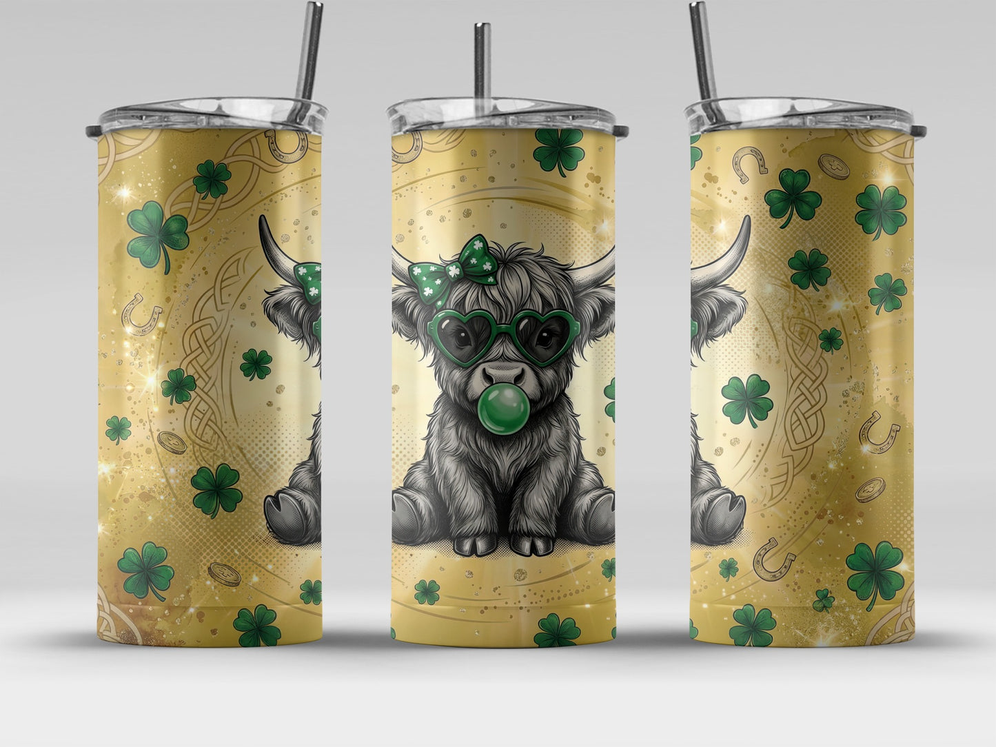 Cute Highland Cow with Shamrocks and Hearts Tumbler