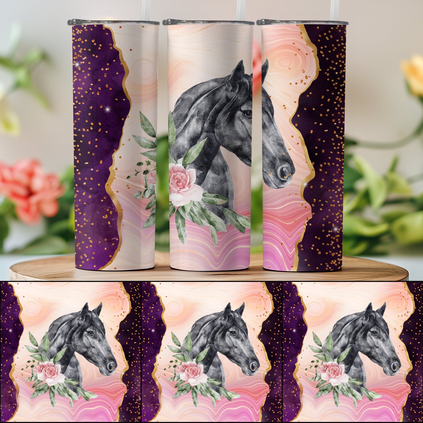 Floral Horse Design Tumbler with Abstract Background product type