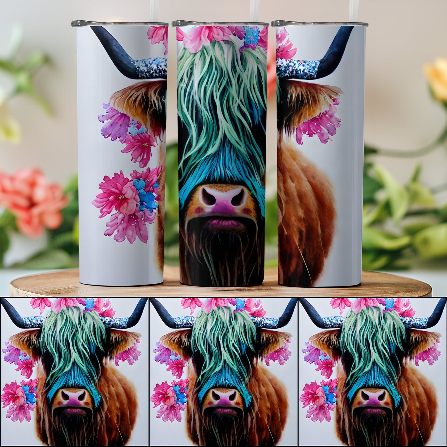 Floral Highland Cow Design Travel Tumbler product type