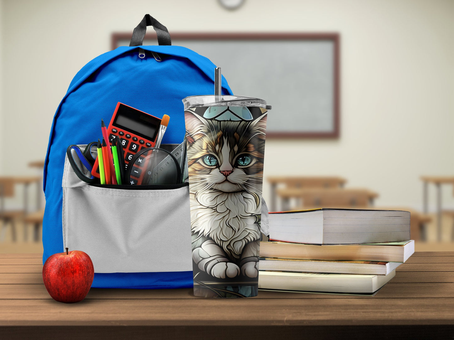 Cute Cat Design Tumbler on Wooden School Desk product