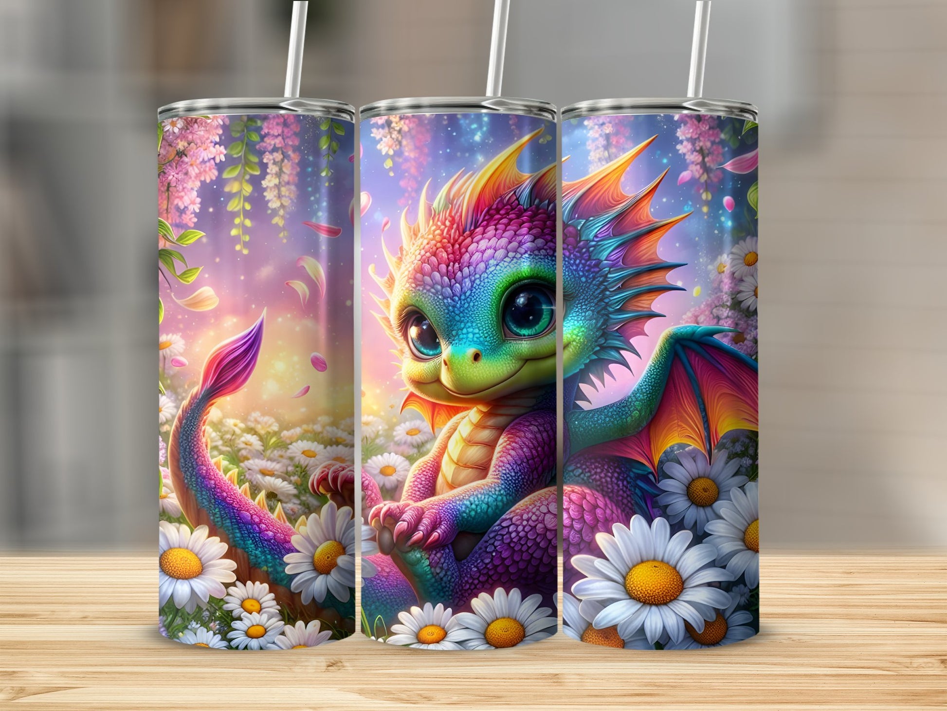 Fantasy Dragon Print Tumbler with Floral Design product type
