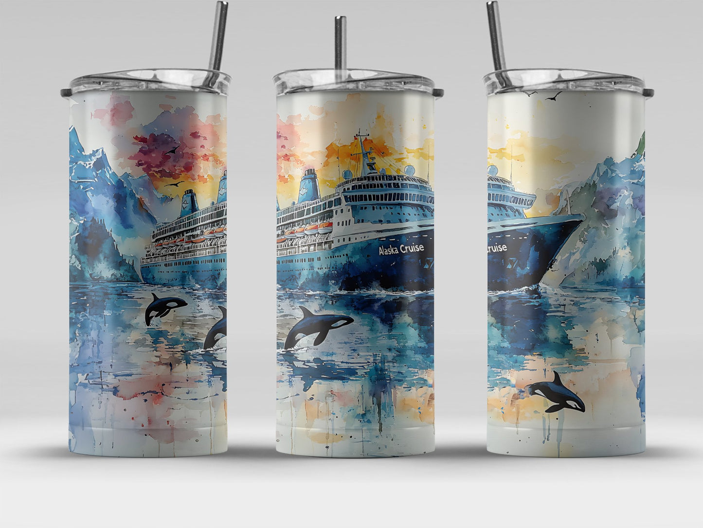 Scenic Cruise Ship and Orcas Design Tumbler product