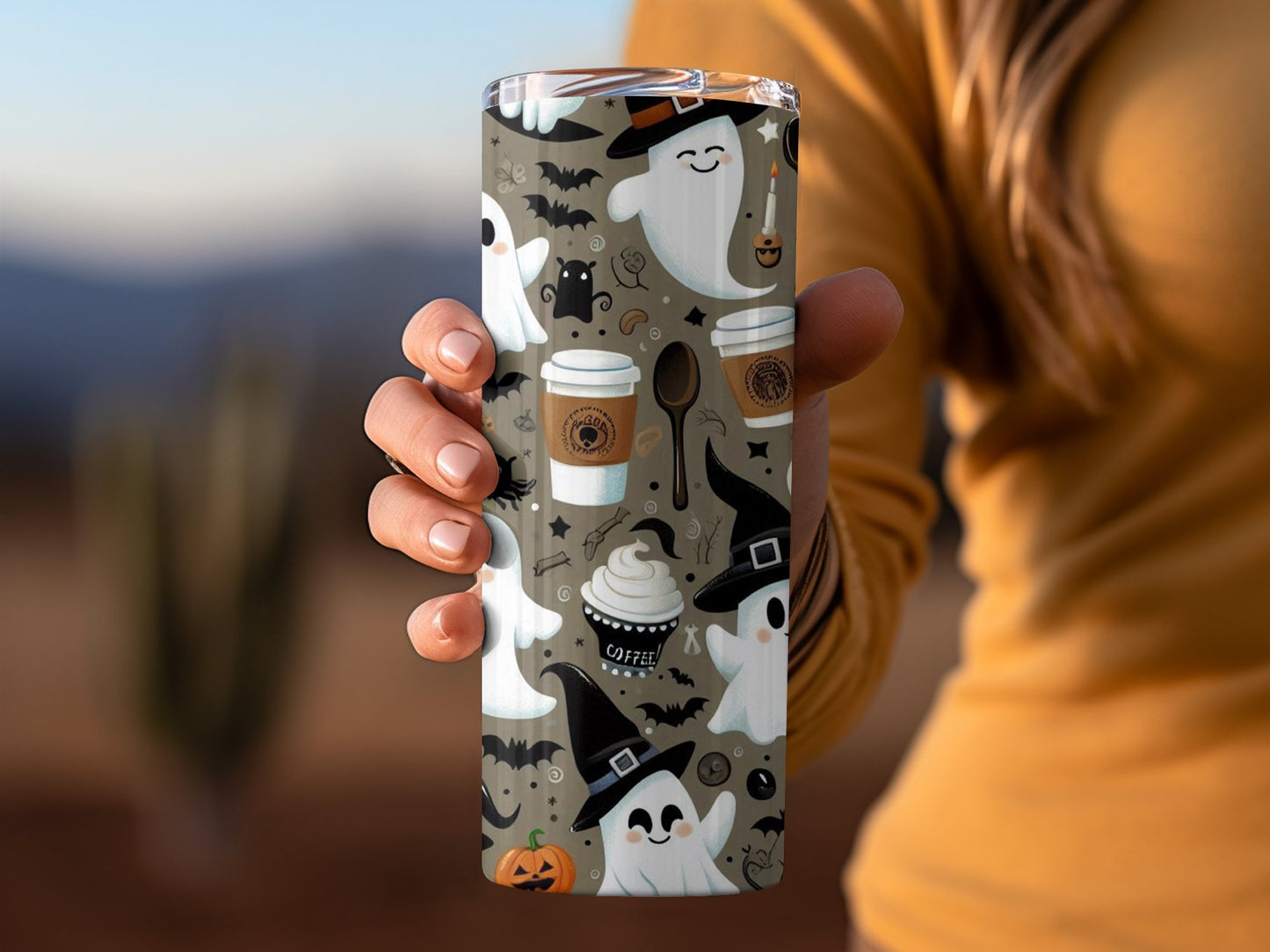 Halloween Themed Tumbler with Ghosts and Coffee product