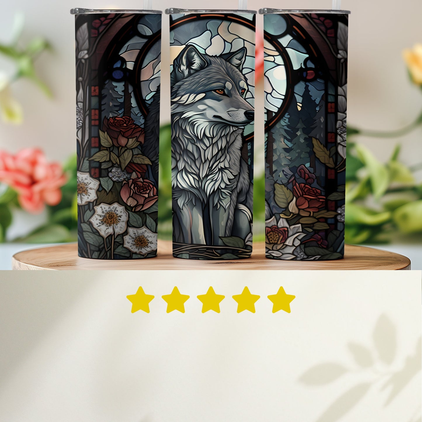 Stained Glass Wolf and Flowers Themed Tumbler product type