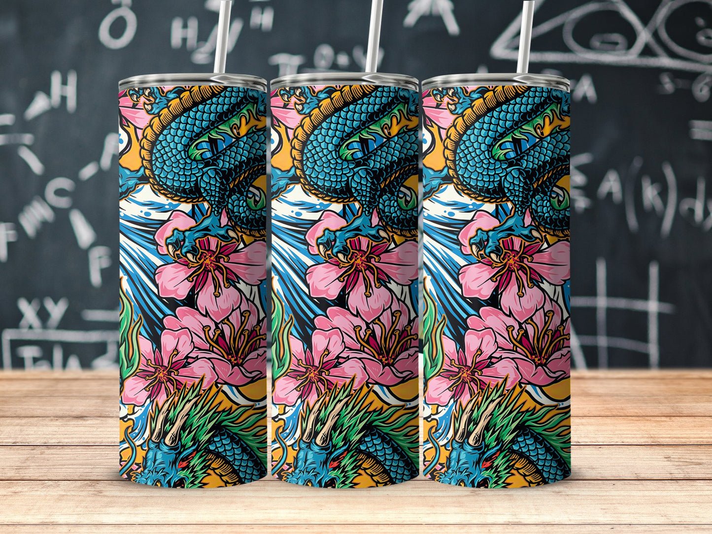 Vibrant Dragon and Flower Design Tumbler product