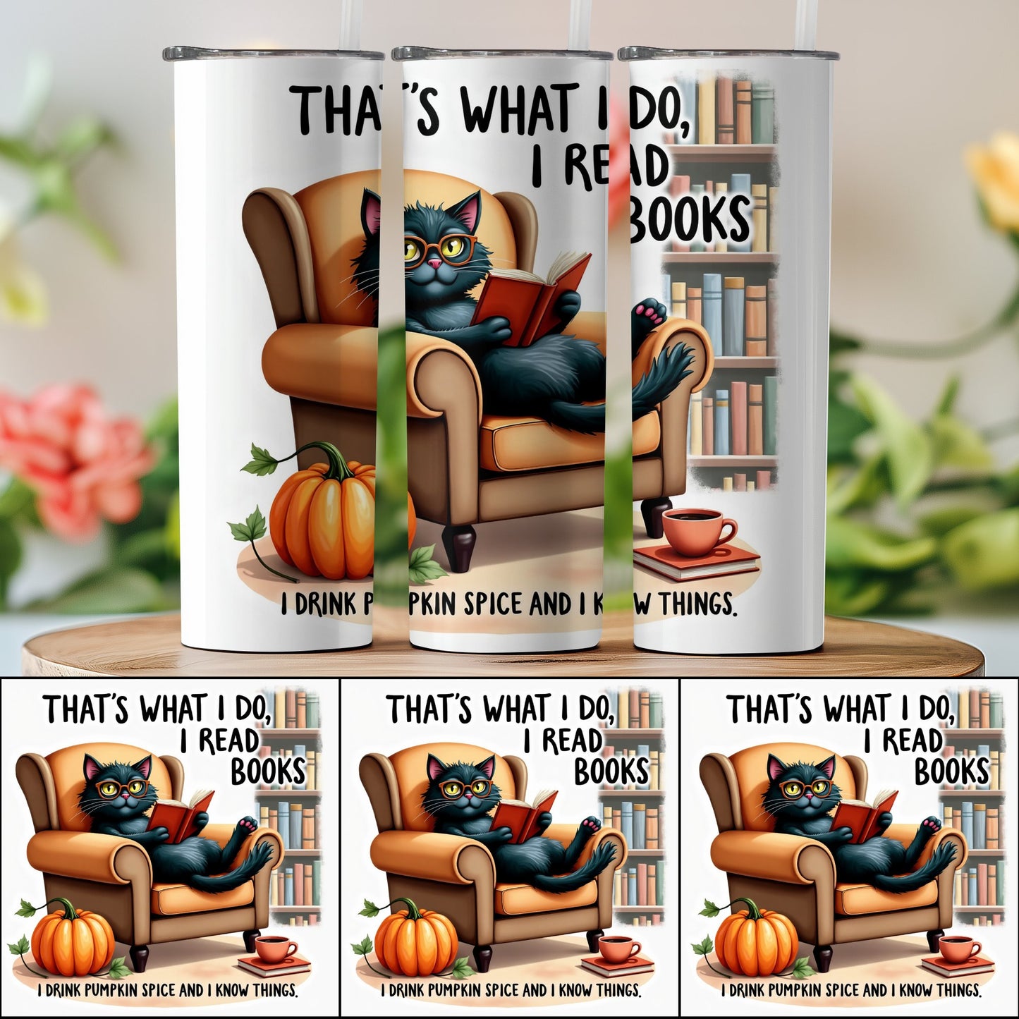 Cat Reading with Pumpkin Spice and Books Tumbler product