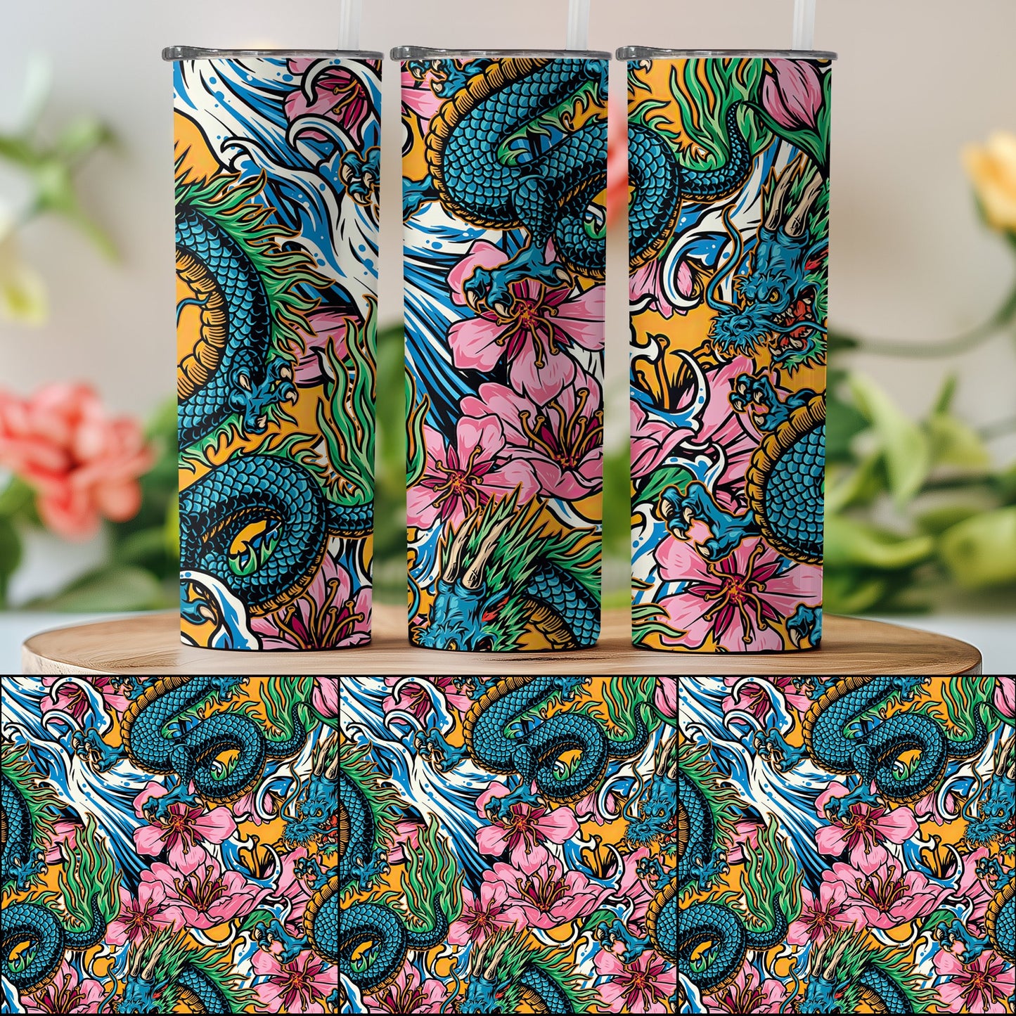 Vibrant Dragon and Flowers Wrap Tumbler product