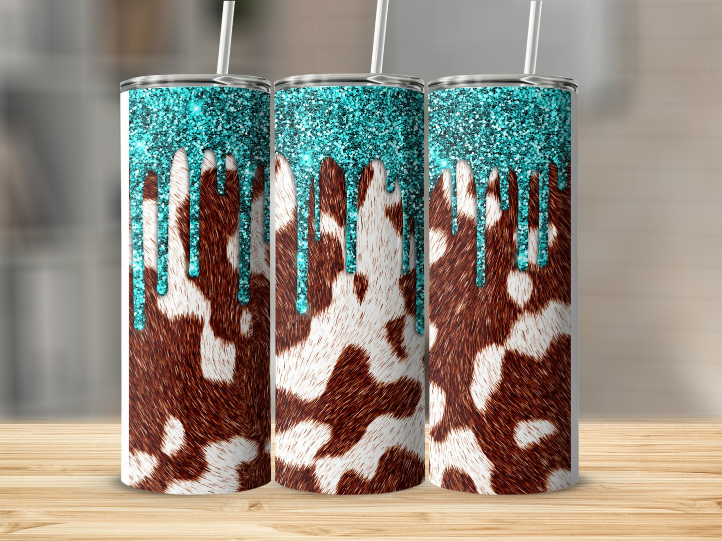 Teal Glitter Cow Print Tumbler Unique Drinkware product