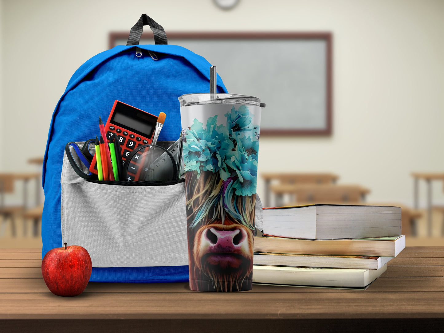 Blue backpack with fun cow tumbler school product