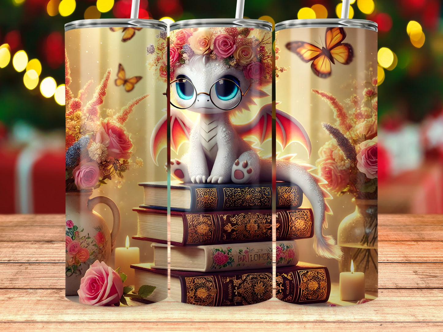 Cute Dragon with Flowers and Books Tumbler product type