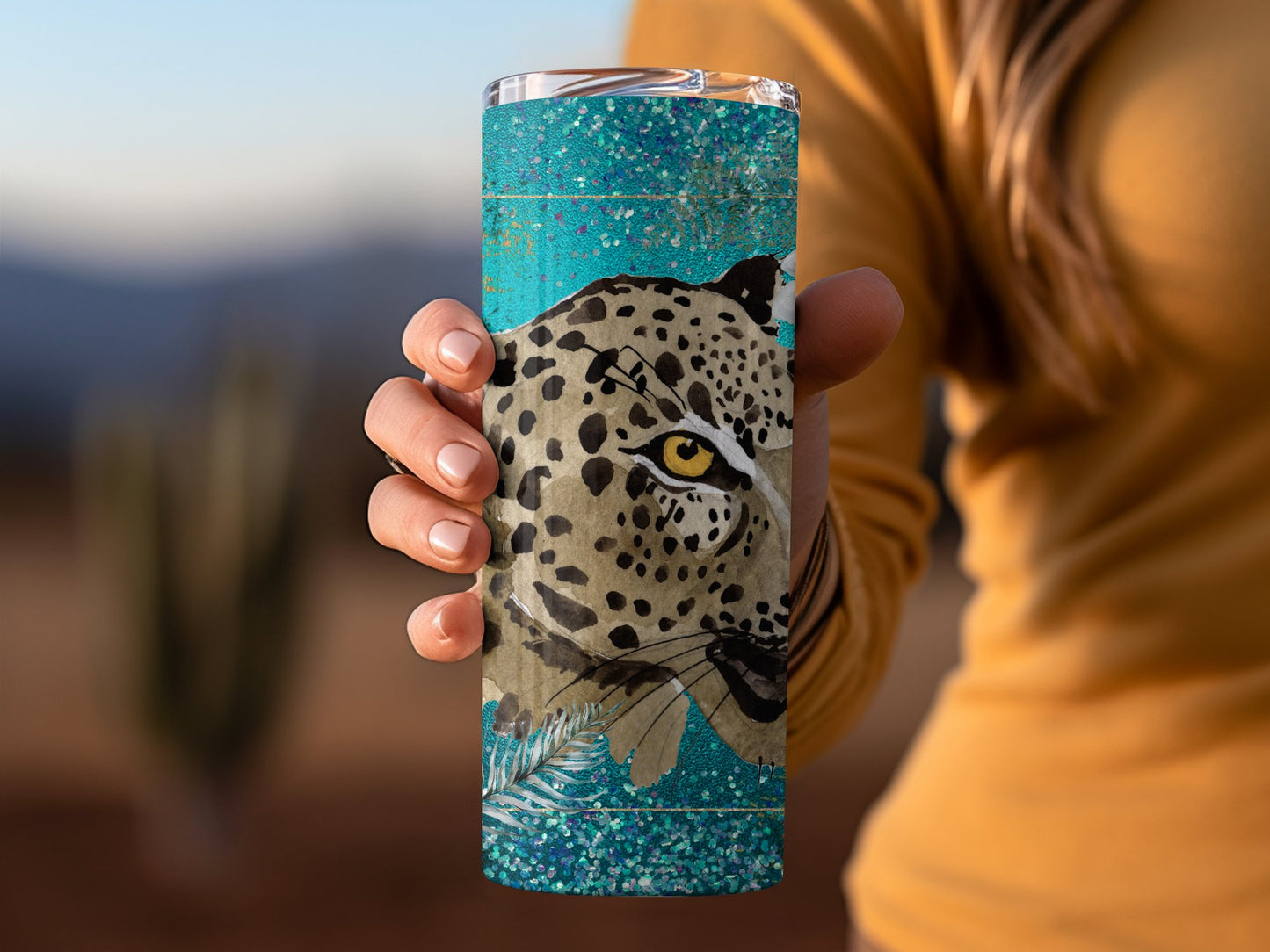 Leopard Face with Turquoise Glitter Tumbler product