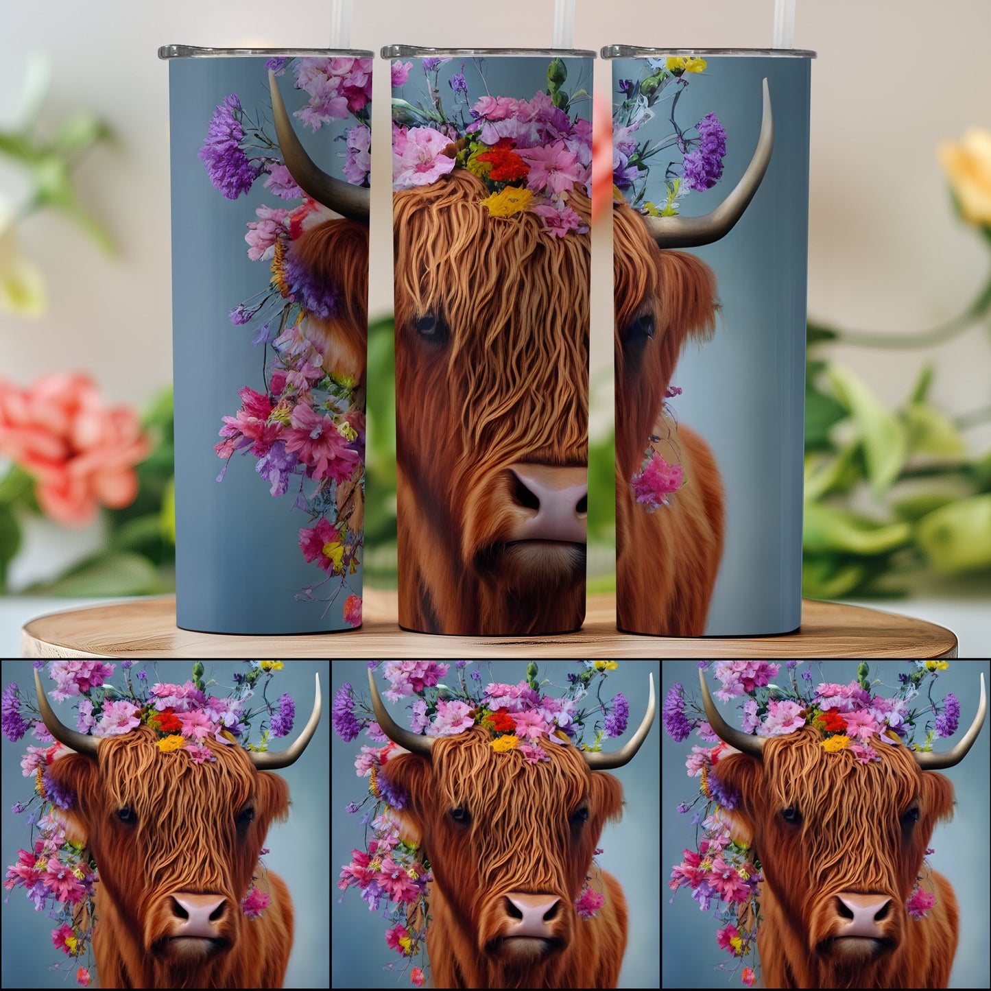 Highland Cow Floral Art Tumbler Beautiful Drinkware product