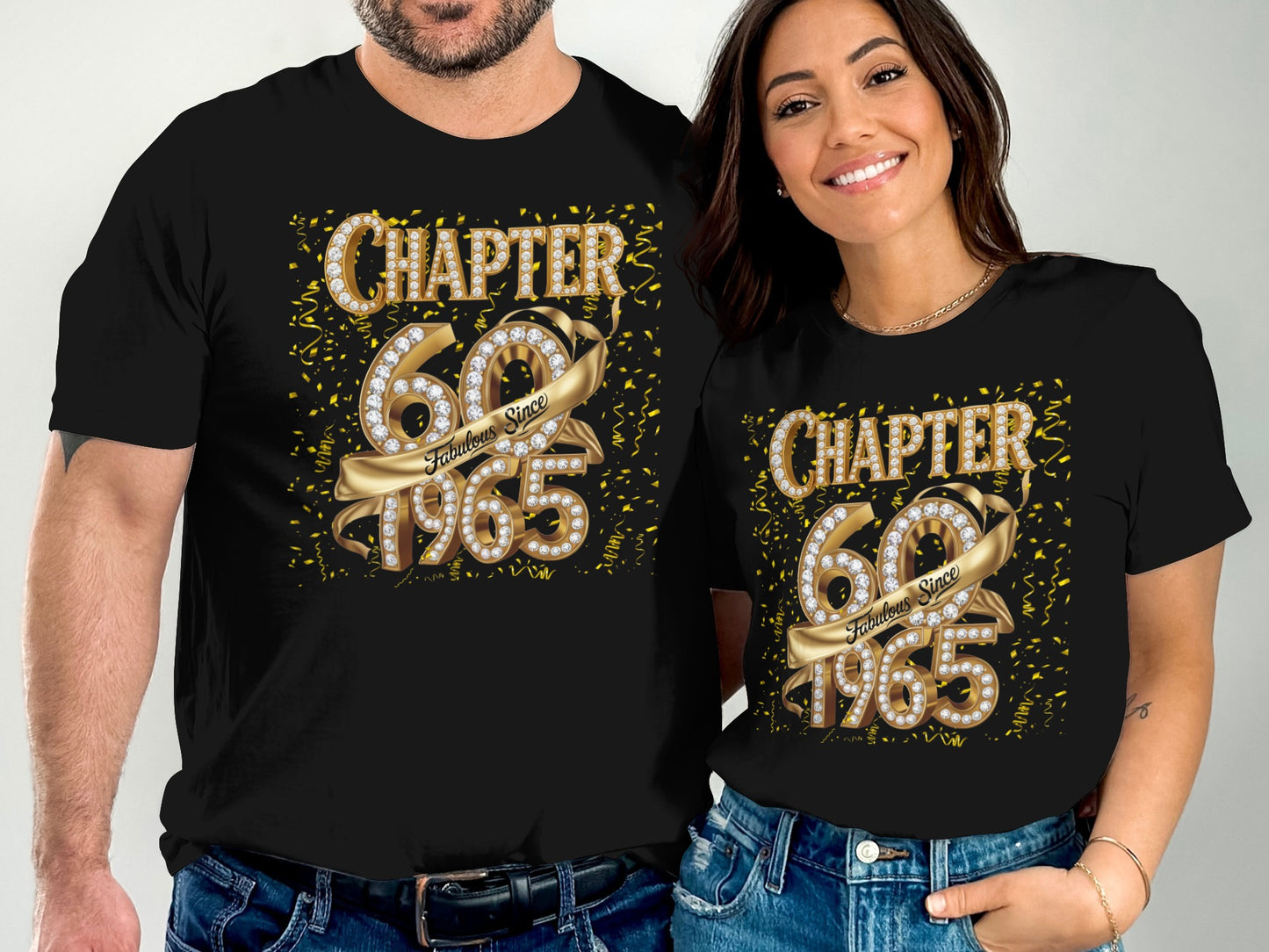 Couple wearing black t-shirts with gold and white Chapter 60 Fabulous Since 1965 design by MyDesigns