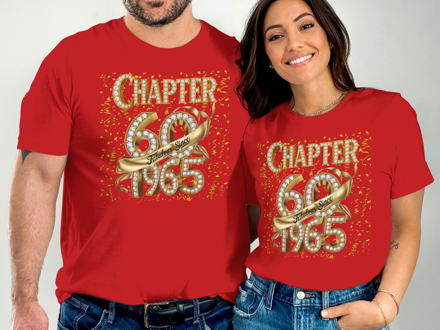 Red t-shirts with Chapter 60 Fabulous Since 1965 gold and white design worn by man and woman