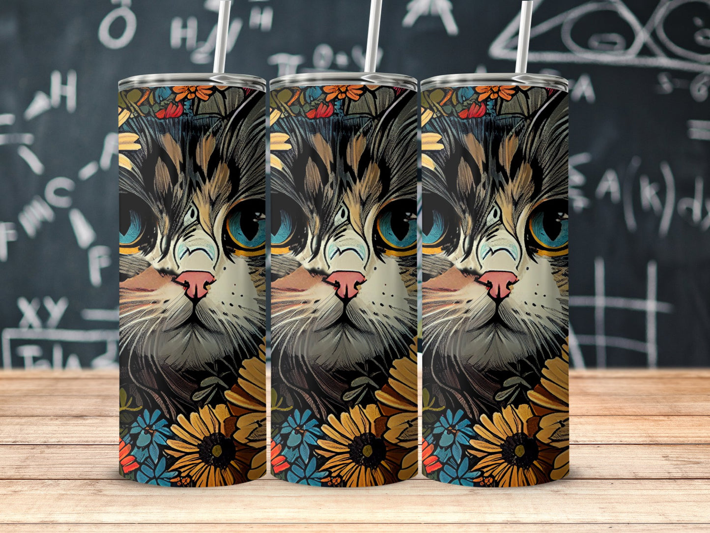 Colorful Artistic Cat Design Floral Pattern Drinkware product