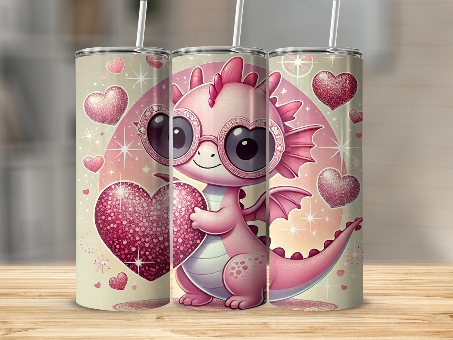 Cute Pink Dragon Holding Heart Design tumbler product