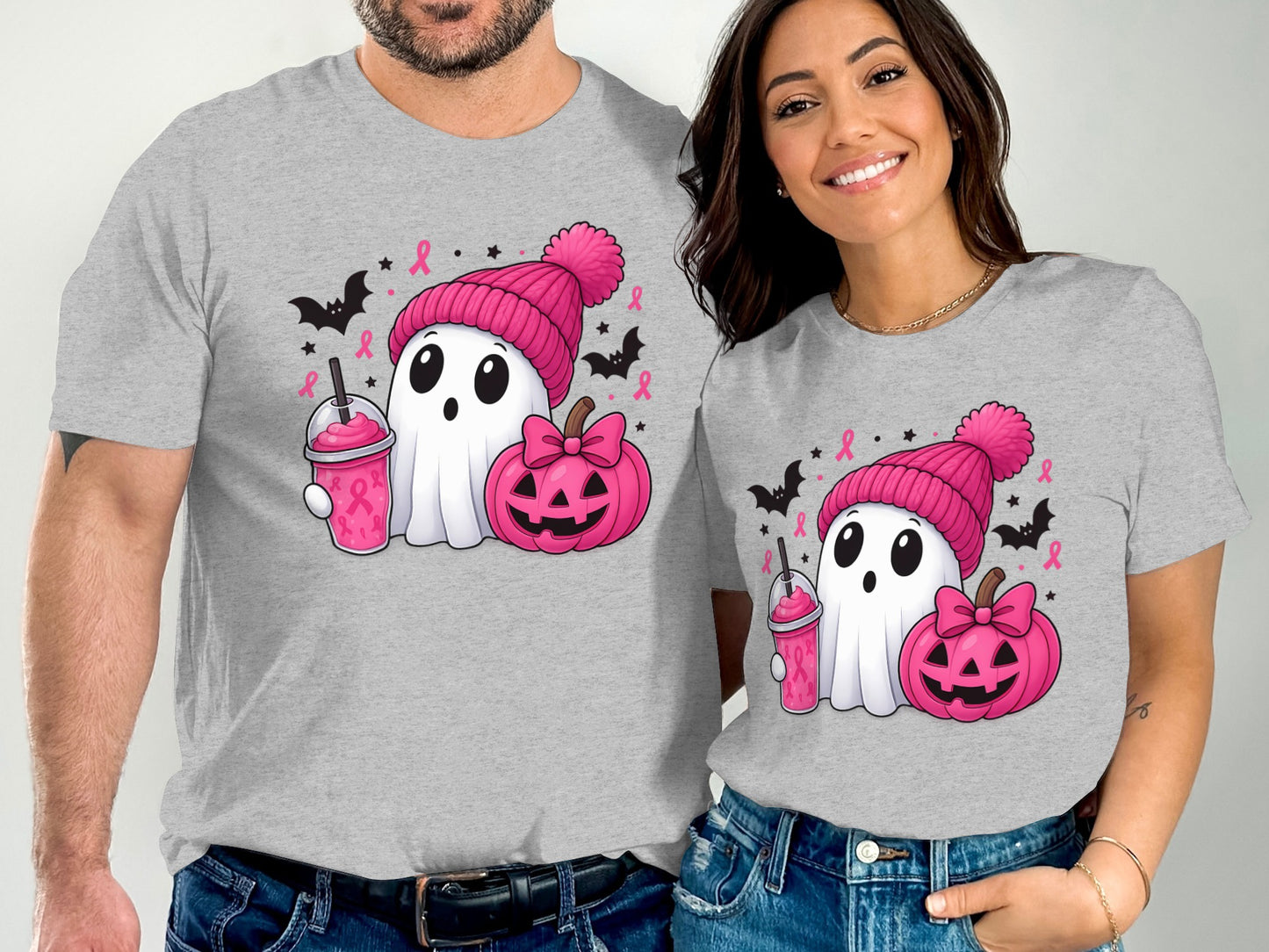 Cute Halloween Ghost with Pink Ribbon Printed T-shirt Product