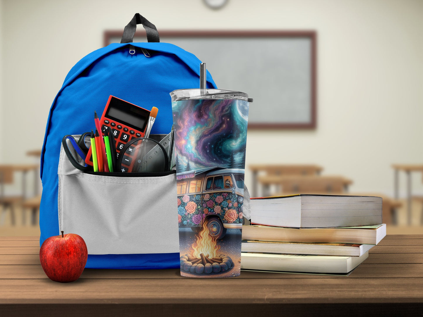 Blue backpack with school supplies and tumbler product