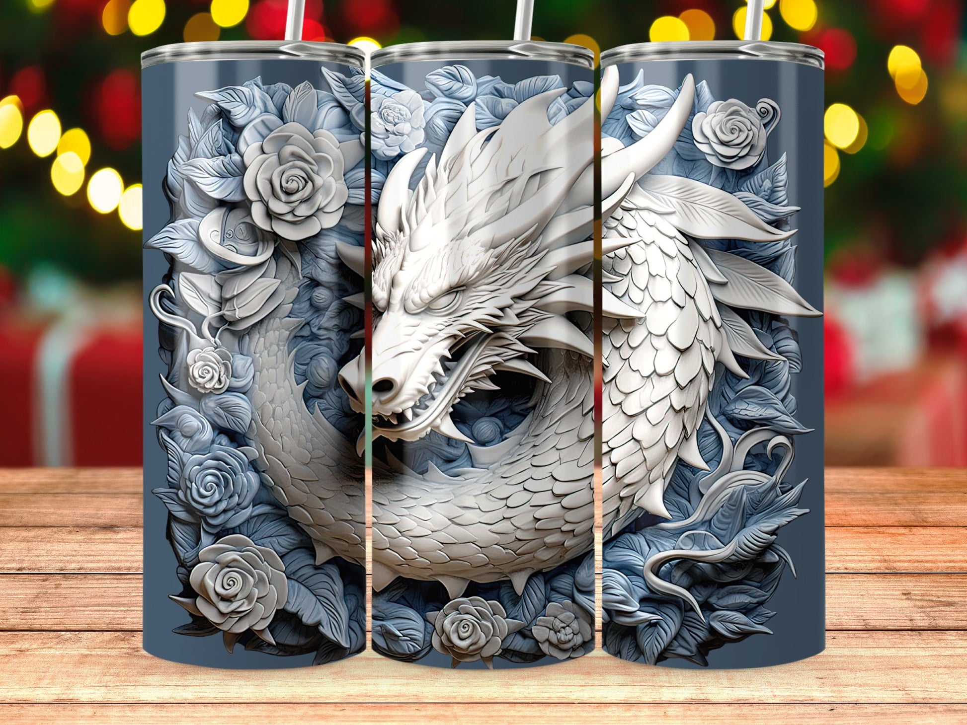 White Dragon and Roses Design Tumbler product