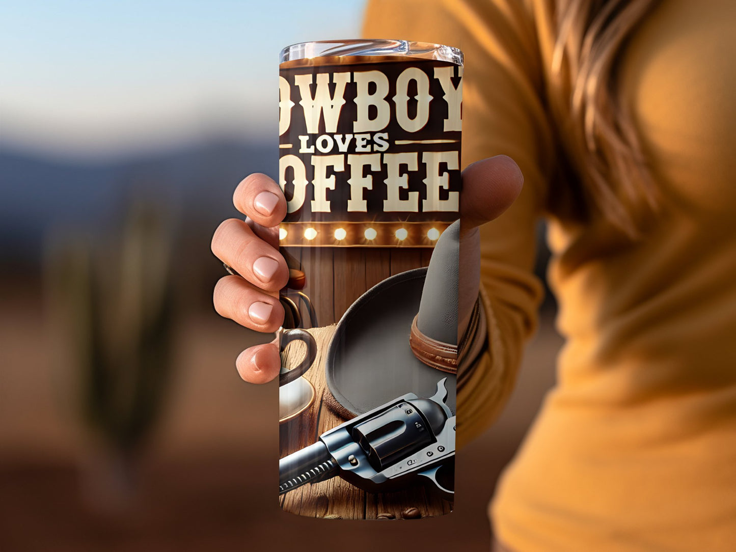 Cowboy Loves Coffee Tumbler Mug with Gun and Hat product