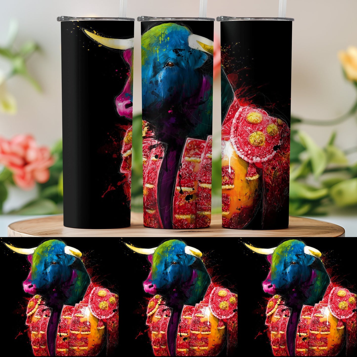 Colorful Bull Art Tumbler for Unique Drinkware Product