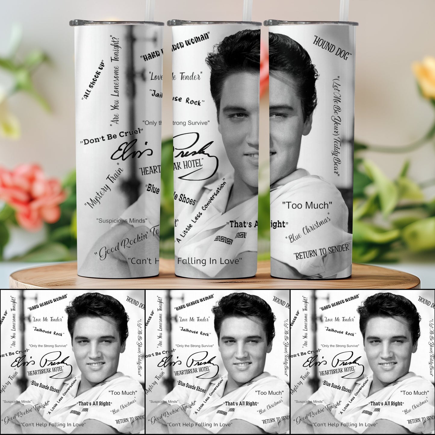 Elvis tumbler gift featuring black and white Elvis Presley portrait with song titles and signature design