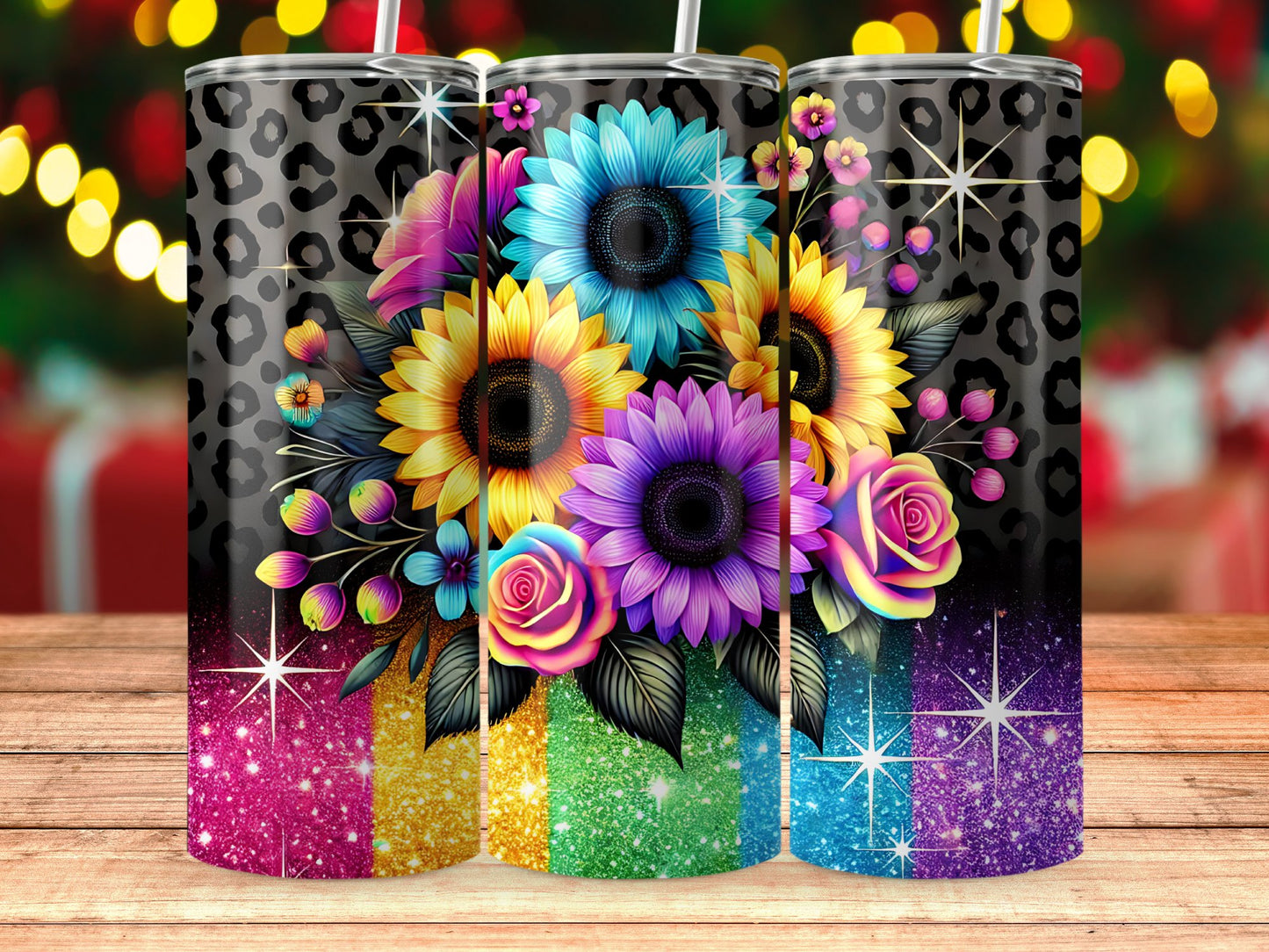 Colorful Floral and Leopard Print Glitter Tumbler product type