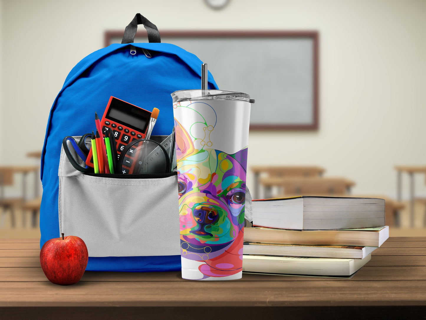 Colorful Dog Design Tumbler in a Classroom setting product