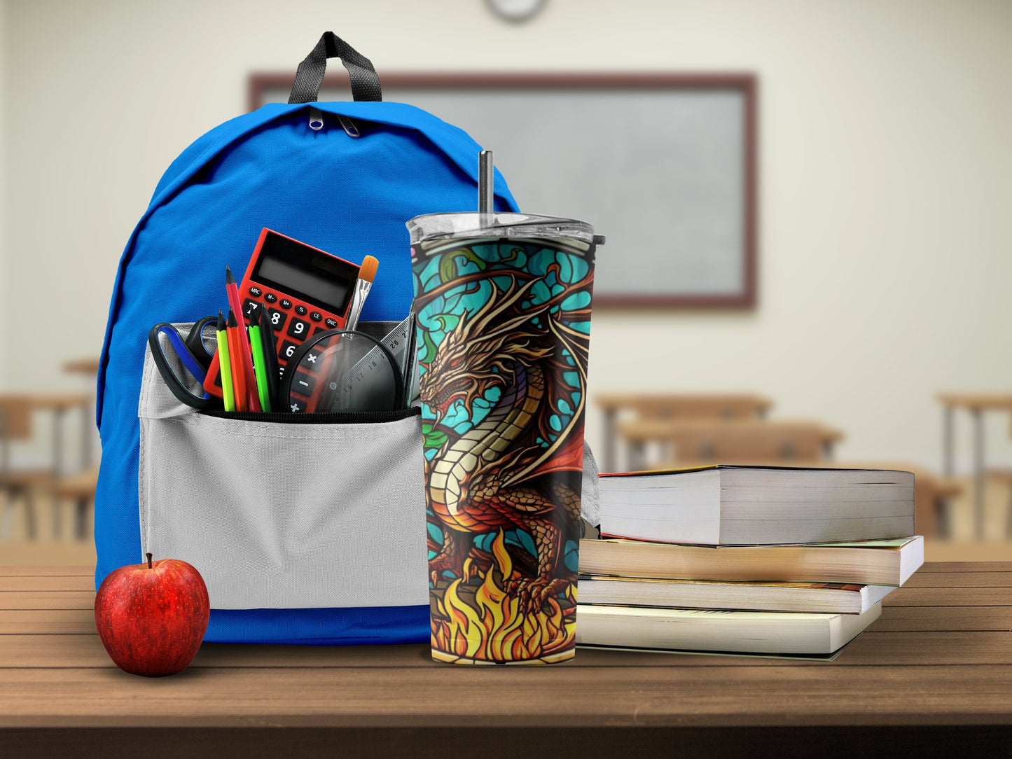 Blue Backpack with Dragon Tumbler and School Supplies product
